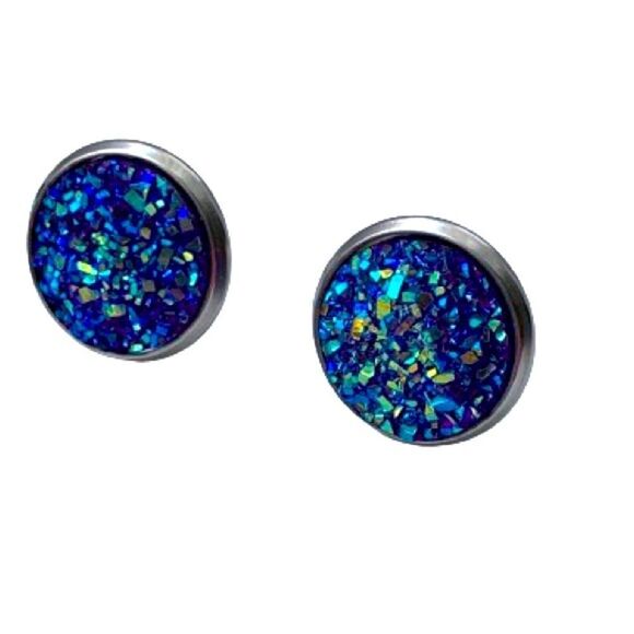 Titanium Blue Faux Drusy Quartz Stud Earrings – Iridescent Crystal Prism Sparkle - Picture 1 of 8